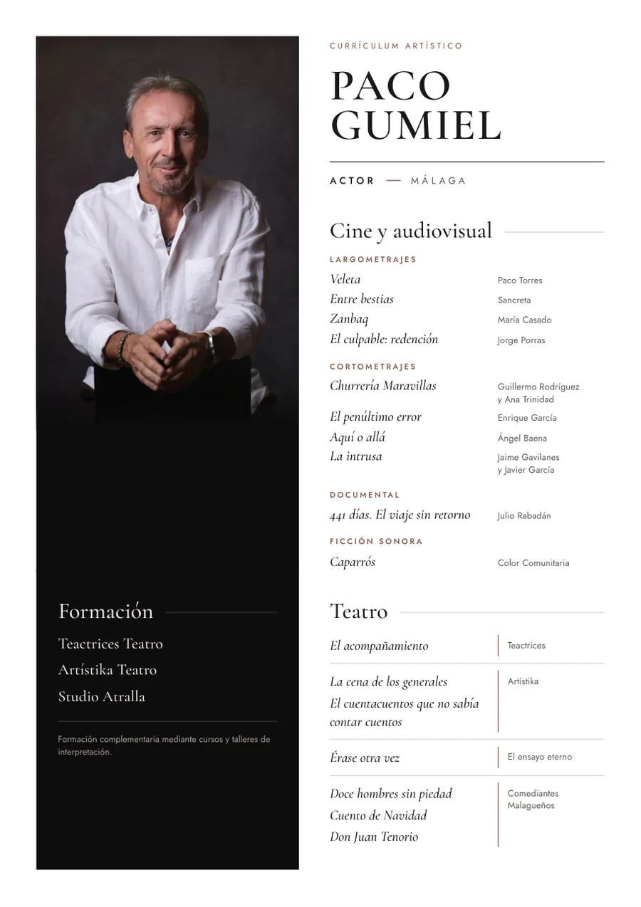 Vista previa del currículum artístico de Paco Gumiel: cine y audiovisual, teatro y formación